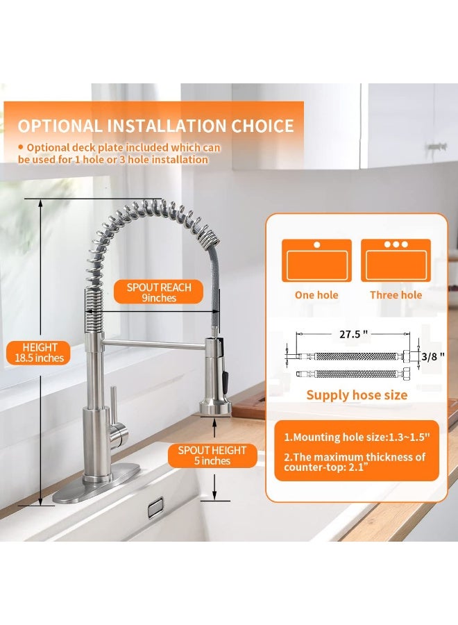 Bukela Kitchen Faucets Low Lead Commercial Solid Brass Single Handle Single Lever Pull Down Sprayer Spring Kitchen Sink Faucet, Brushed Nickel - Image 4