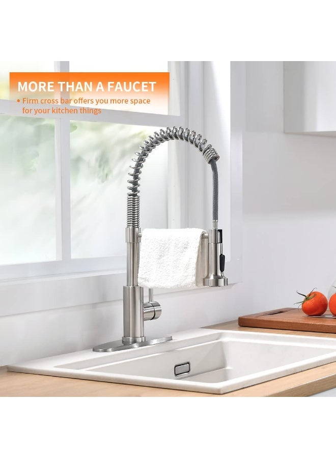 Bukela Kitchen Faucets Low Lead Commercial Solid Brass Single Handle Single Lever Pull Down Sprayer Spring Kitchen Sink Faucet, Brushed Nickel - Image 2