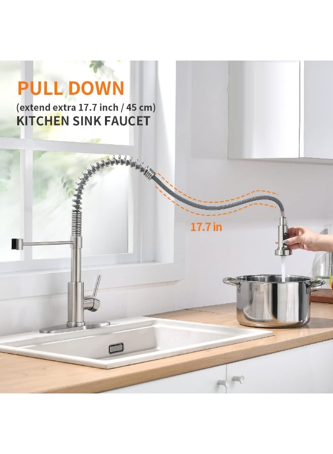 Bukela Kitchen Faucets Low Lead Commercial Solid Brass Single Handle Single Lever Pull Down Sprayer Spring Kitchen Sink Faucet, Brushed Nickel - Image 3