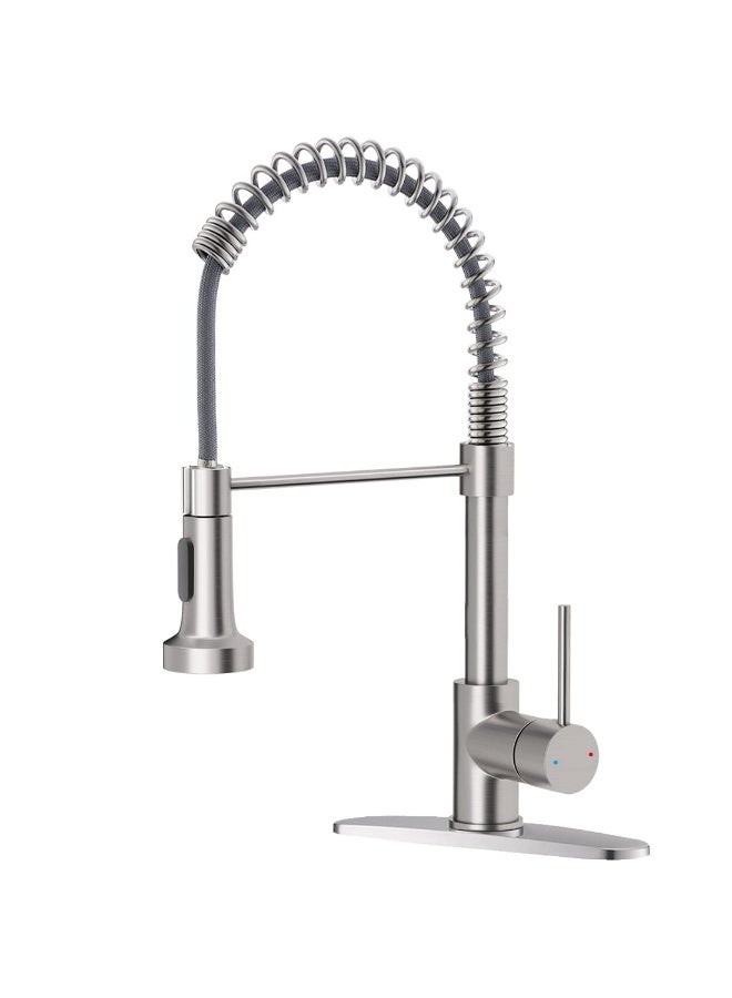 Bukela Kitchen Faucets Low Lead Commercial Solid Brass Single Handle Single Lever Pull Down Sprayer Spring Kitchen Sink Faucet, Brushed Nickel - Image 1