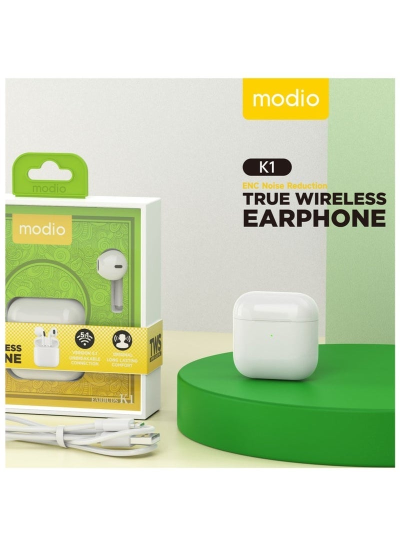 modio K1 True Wireless Earphones with Active Noise Cancellation, Bluetooth 5.3 Connectivity, HD Stereo Sound, Touch Controls, Long Battery Life with Fast Charging Case, Built-in Microphone for Calls & Voice Assistants – White - Image 2