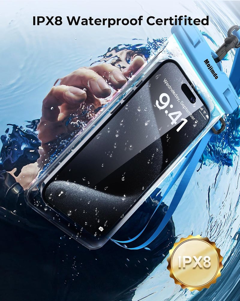 Mojimdo Waterproof Phone Pouch 8'', IPX8 Cell Phone Waterproof Pouch with Lanyard for iPhone 15 14 13 12 11 Pro Max XR XS 8 7 Plus Samsung Galaxy, Cellphone Dry Bag for Beach - 2 Pack, Blue - Image 3