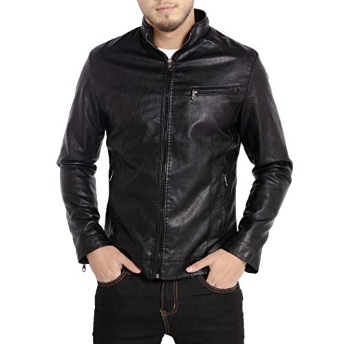 WULFUL Men's Stand Collar Leather Jacket Motorcycle Lightweight Faux Leather Outwear - Image 1