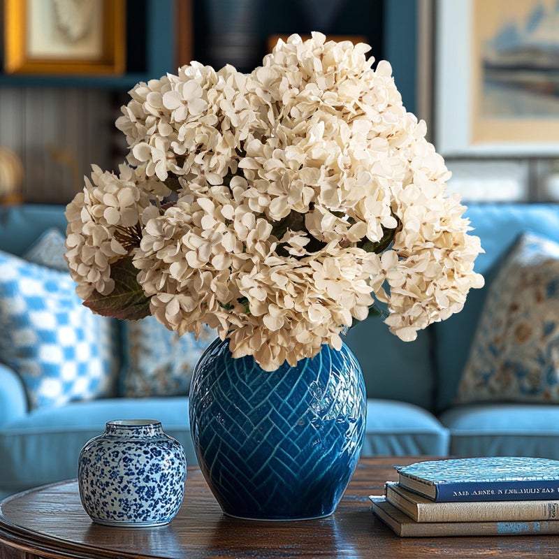 Uqueeten Artificial Flower Fake Silk Hydrangea Heads Bouquet with Stems Bulk for Fall Decoration Table Center Christmas Indoor Outdoor Faux Floral Realistic with Leaves Plants Crafts 8PCS(White) - Image 5