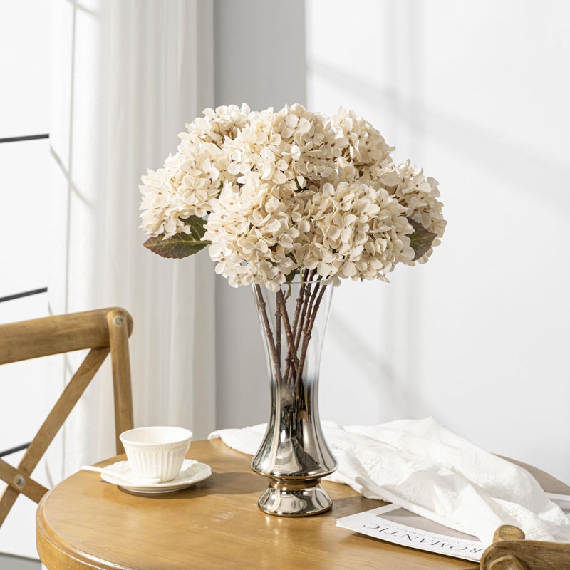 Uqueeten Artificial Flower Fake Silk Hydrangea Heads Bouquet with Stems Bulk for Fall Decoration Table Center Christmas Indoor Outdoor Faux Floral Realistic with Leaves Plants Crafts 8PCS(White) - Image 2