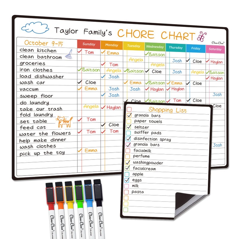 Clever Clean Magnetic Dry Erase Chore Chart - 14.5"x11" Chore Chart for Kids, Teens and Adults - 6.5"x8.5" List Board for Fridge - 6 Extra Fine Point Markers Included - Shipped Flat - Image 1