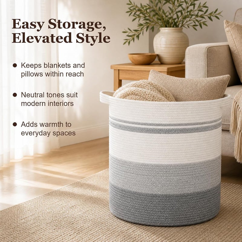 OIAHOMY 80L Laundry Hamper with Handles,Decorative Basket for Living room,Woven Storage Basket for Toys Bin,Pillows, Blankets,Clothes-20x18in-Gradient Gray - Image 3