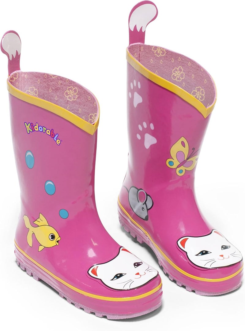 Kidorable Lucky Cat Rainboots, Pink, Kids Sizes, Natural Rubber Boots with Cotton Lining, Pull On Heel Tab & Non-Slip Sole - Image 1