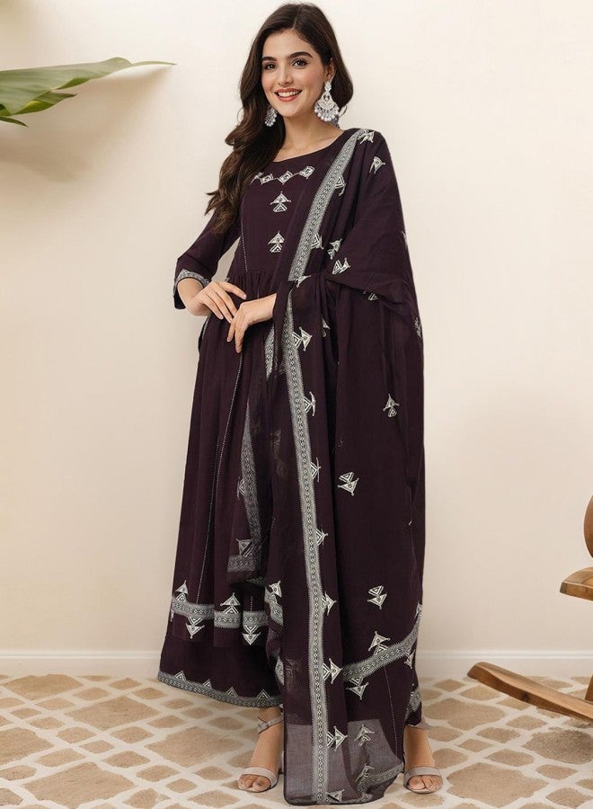 ISHIN Women's Brown 100% Cotton Printed A-Line Kurta Set  - Image 5