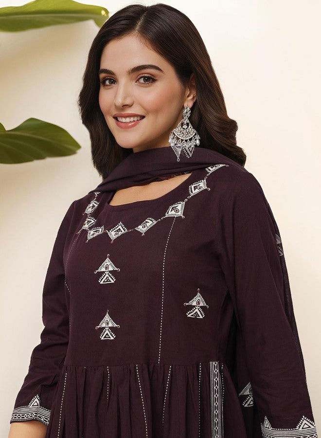 ISHIN Women's Brown 100% Cotton Printed A-Line Kurta Set  - Image 3