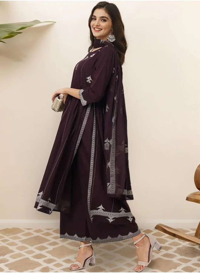 آي شين Women's Brown 100% Cotton Printed A-Line Kurta Set