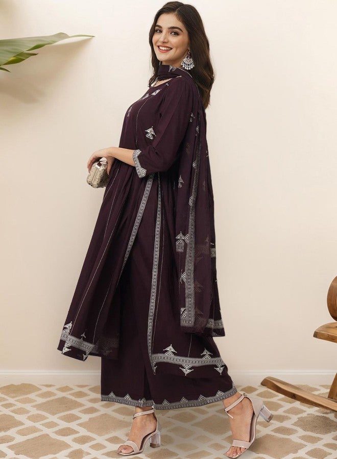 ISHIN Women's Brown 100% Cotton Printed A-Line Kurta Set  - Image 2