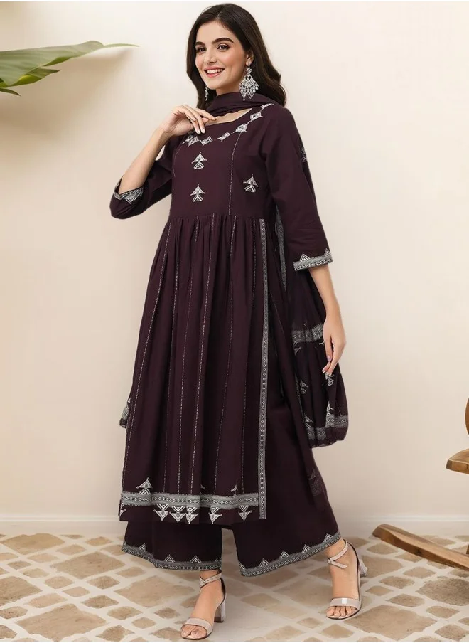 آي شين Women's Brown 100% Cotton Printed A-Line Kurta Set