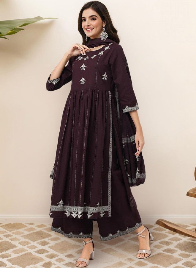 ISHIN Women's Brown 100% Cotton Printed A-Line Kurta Set  - Image 1