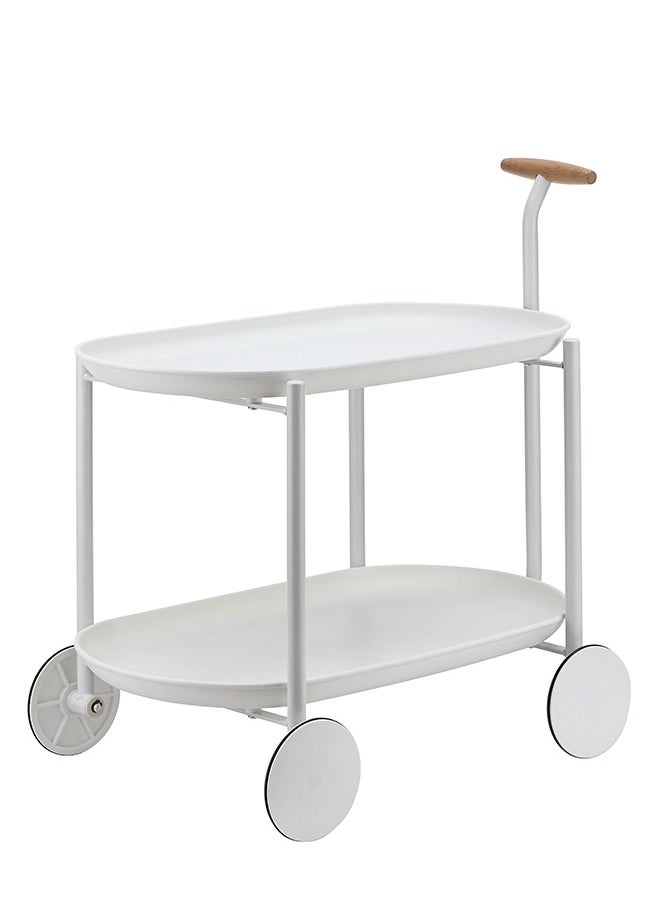 MIXDE Movable Trolley Table-2 Layers White- Multi-Tier Utility Cart with ABS Plastic Trays and Carbon Steel Frame Beech Wood Handle and Rigid Wheels for Kitchen Living Room and Dining Room Storage  - Image 1
