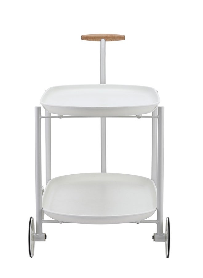 MIXDE Movable Trolley Table-2 Layers White- Multi-Tier Utility Cart with ABS Plastic Trays and Carbon Steel Frame Beech Wood Handle and Rigid Wheels for Kitchen Living Room and Dining Room Storage  - Image 2