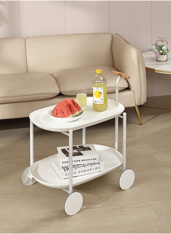 MIXDE Movable Trolley Table-2 Layers White- Multi-Tier Utility Cart with ABS Plastic Trays and Carbon Steel Frame Beech Wood Handle and Rigid Wheels for Kitchen Living Room and Dining Room Storage  - Image 5