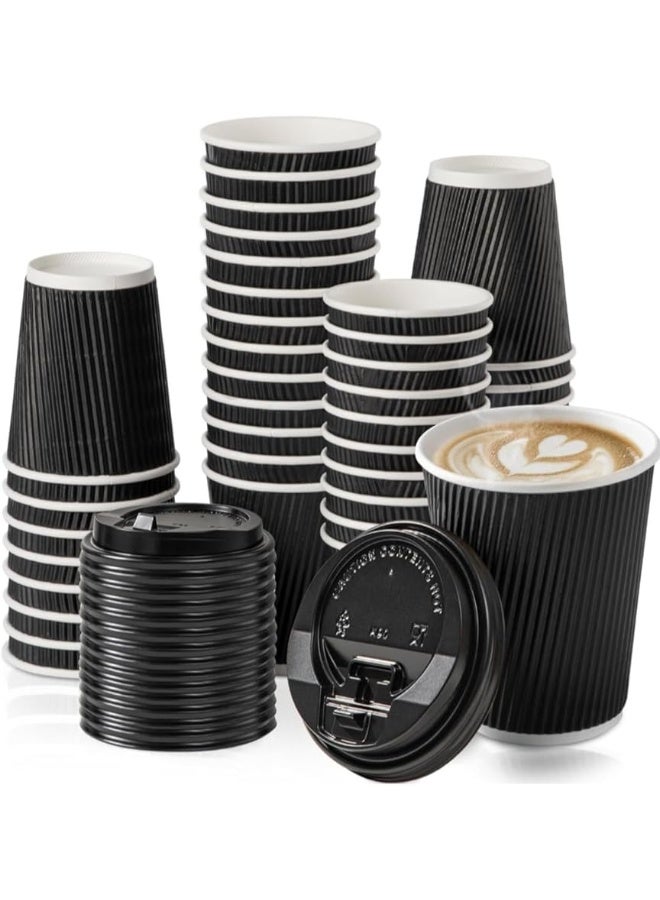 جاجرافو عبوة 50 كوب قهوة ورقي معزول 12 أونصة بطبقة ثلاثية ومموجة مع أغطية سوداء، فاخر وقابل للتصرف، أسود مقاوم للانزلاق للمشروبات الساخنة، للسفر، المنزل، المكتب - Image 3
