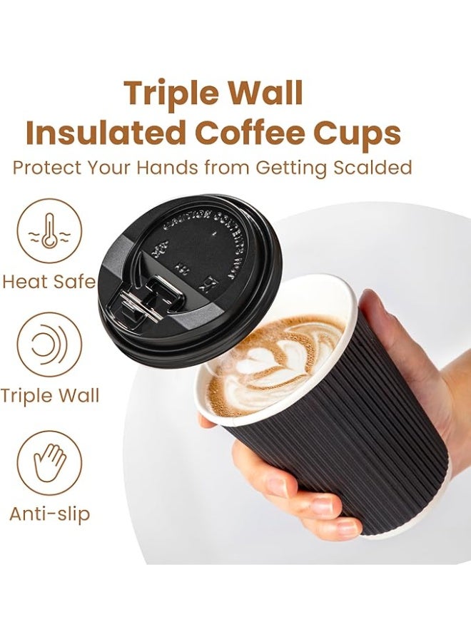 جاجرافو عبوة 50 كوب قهوة ورقي معزول 12 أونصة بطبقة ثلاثية ومموجة مع أغطية سوداء، فاخر وقابل للتصرف، أسود مقاوم للانزلاق للمشروبات الساخنة، للسفر، المنزل، المكتب - Image 2