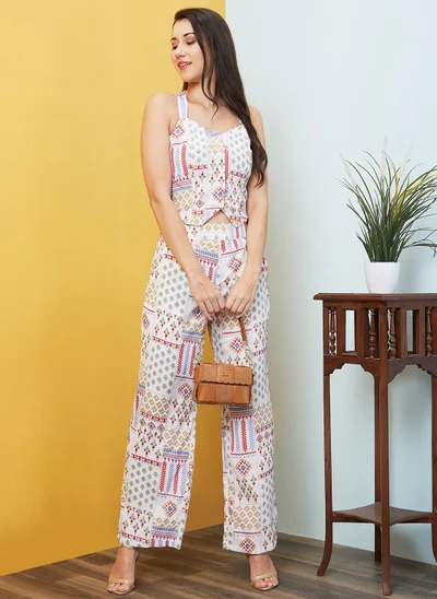 globus Globus Women Patch Printed Styled-Back Crop Top & Palazzos Co-Ords Set