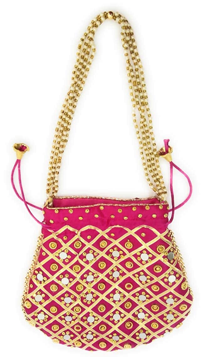 ATHZ Potli Bag Velvet Golden Work Wedding potli for Ladies Gift for Women Handbags Traditional Indian Wristlet with Drawstring Ethnic Embroidery Women Fashion Potli (Rani, Mirror) - Image 3