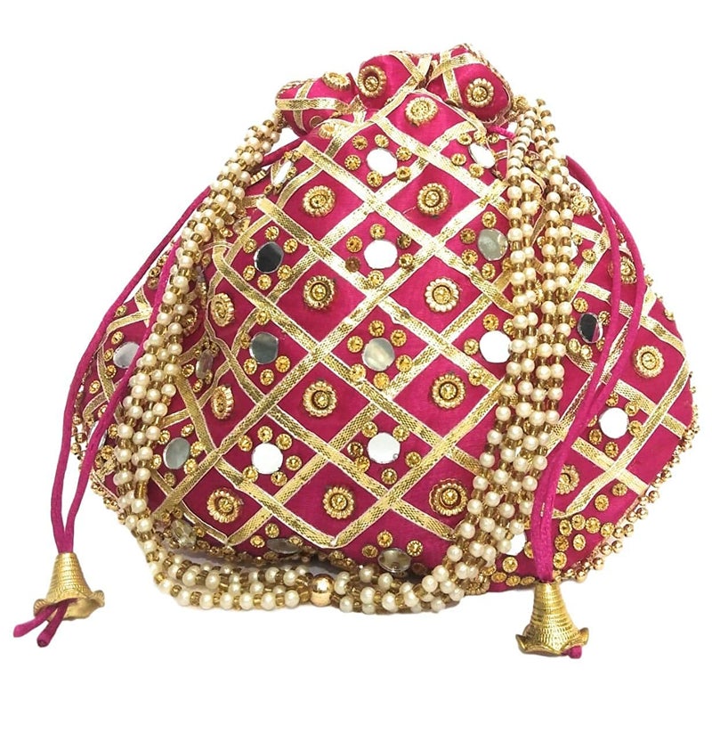 ATHZ Potli Bag Velvet Golden Work Wedding potli for Ladies Gift for Women Handbags Traditional Indian Wristlet with Drawstring Ethnic Embroidery Women Fashion Potli (Rani, Mirror) - Image 4
