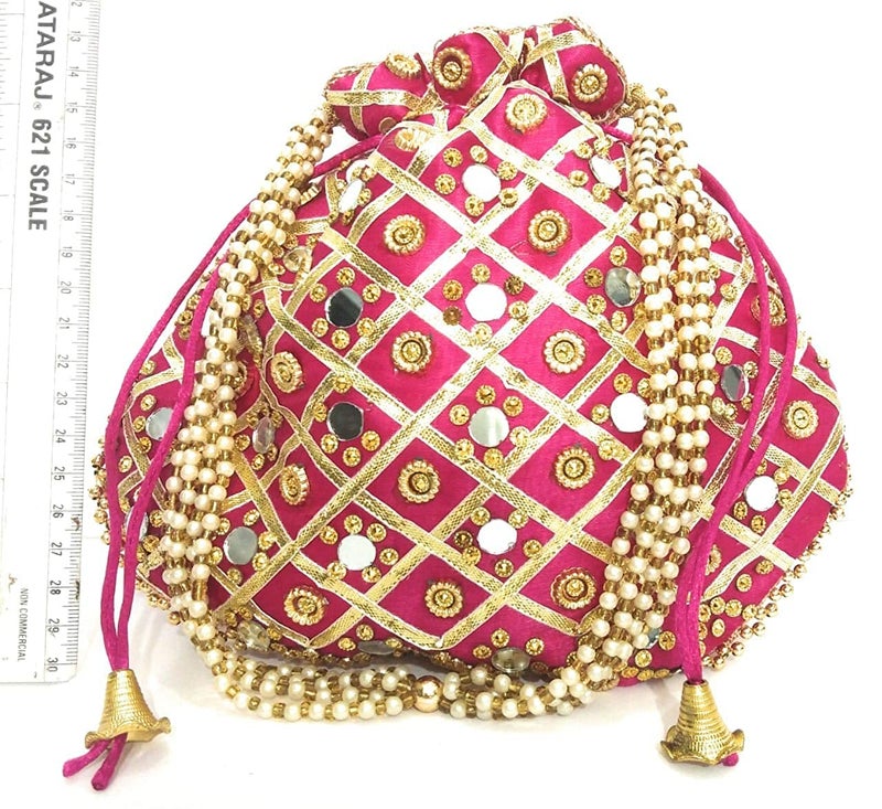 ATHZ Potli Bag Velvet Golden Work Wedding potli for Ladies Gift for Women Handbags Traditional Indian Wristlet with Drawstring Ethnic Embroidery Women Fashion Potli (Rani, Mirror) - Image 2