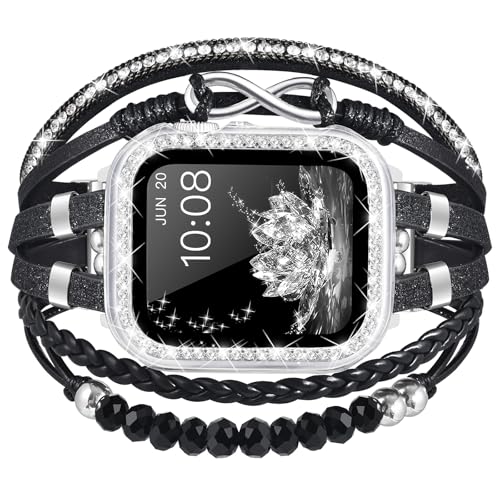Fancywrist Boho Bracelet & Case Compatible with Apple Watch Band 40mm 44mm 45mm 46mm 41mm 38mm 42mm(S11 S10) Women, Dressy beaded Handmade Leather Strap for iWatch Series11 10 9 8 7 6 5 4 3 2 1 SE - Image 1