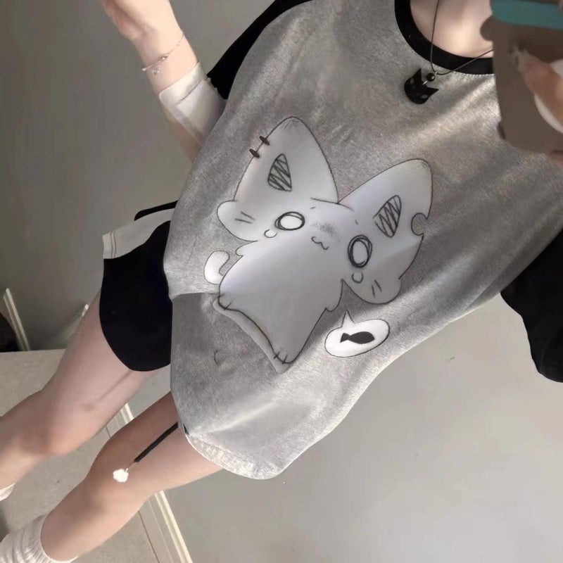 RICHTRUE Y2k Cute Kawaii Anime Graphic Tees Oversized Shirts Streetwear Cutecore Clothes 2000s Emo Fairy Grunge Pastel Goth (Sincere Cat Black Grey,Medium) - Image 1