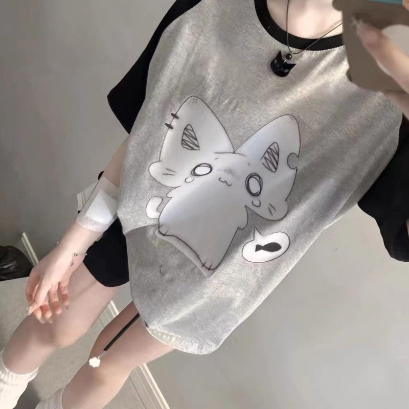 RICHTRUE Y2k Cute Kawaii Anime Graphic Tees Oversized Shirts Streetwear Cutecore Clothes 2000s Emo Fairy Grunge Pastel Goth (Sincere Cat Black Grey,Medium) - Image 2