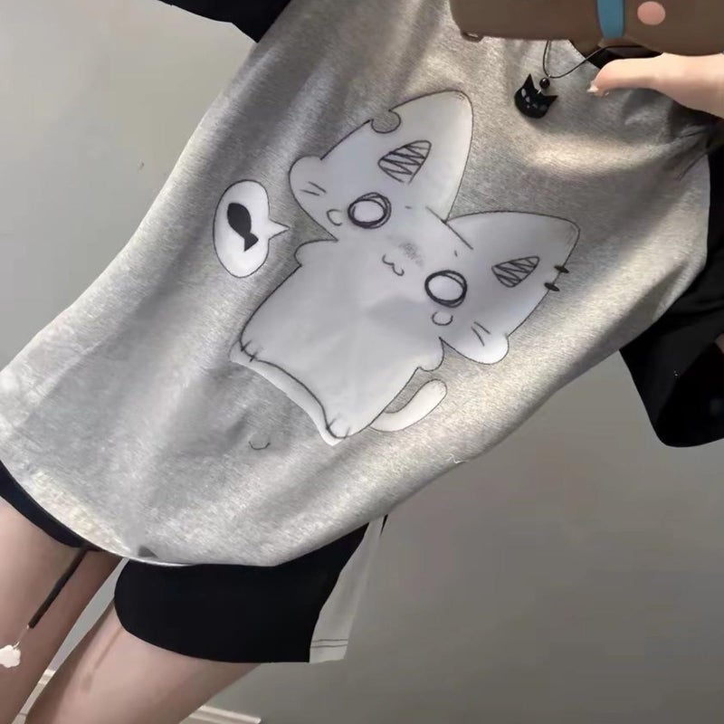 RICHTRUE Y2k Cute Kawaii Anime Graphic Tees Oversized Shirts Streetwear Cutecore Clothes 2000s Emo Fairy Grunge Pastel Goth (Sincere Cat Black Grey,Medium) - Image 3