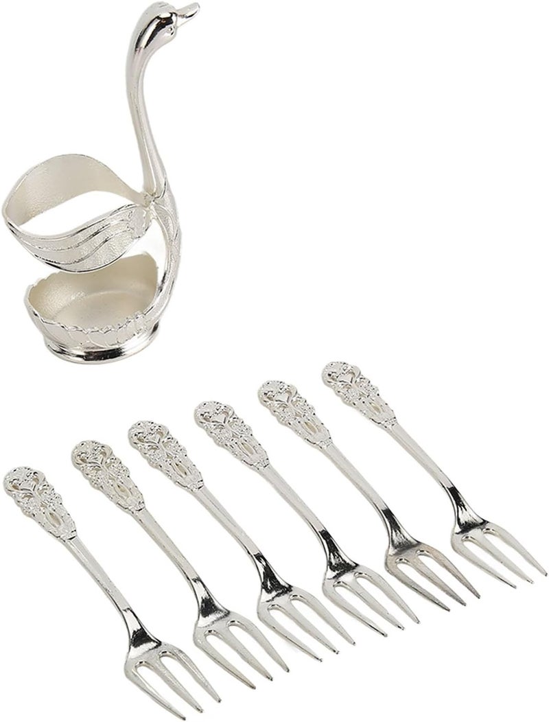 Swan Base Holder Forks Set Aluminum Silver, 6 Pieces for Fruits and Drinks - Rustproof Decorative Design, Durable Aluminum, Ideal for Parties and Home Use - Image 1