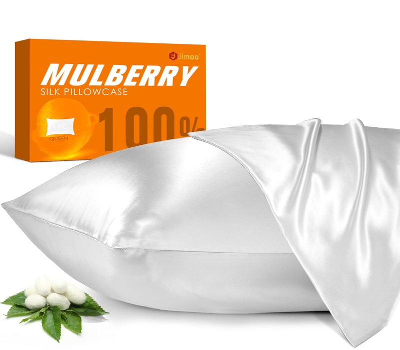 J JIMOO 100% Mulberry Silk Pillowcase for Hair and Skin, 22 Momme Pure Natural Silk Pillow Case Both Sided with Zipper, Pillow Cover for Women Mom Men (White, Queen 20''Ã—30'', 1 Pack) - Image 1