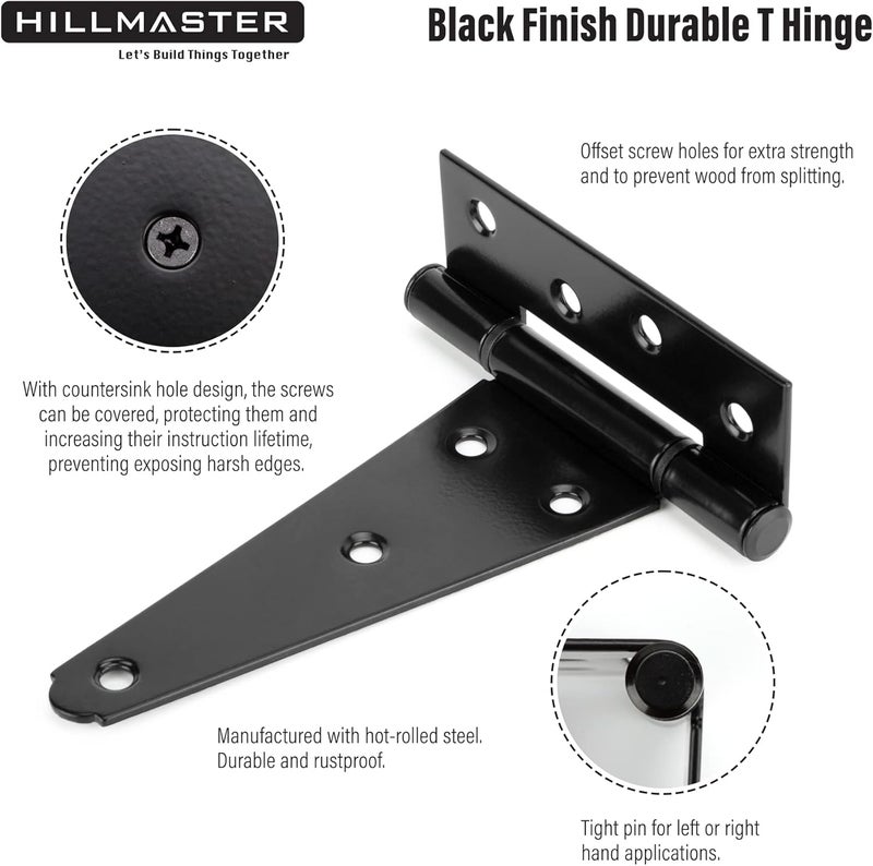 HILLMASTER 6 Inch T-Strap Heavy Duty Shed Door Hinges Gate Strap Hinges Black Tee Hinge Wrought Hardware for Wooden Fences,Yard,Barn Door,Rustproof(2 Pack) - Image 3