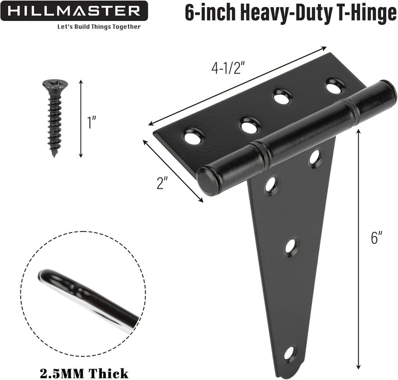 HILLMASTER 6 Inch T-Strap Heavy Duty Shed Door Hinges Gate Strap Hinges Black Tee Hinge Wrought Hardware for Wooden Fences,Yard,Barn Door,Rustproof(2 Pack) - Image 2