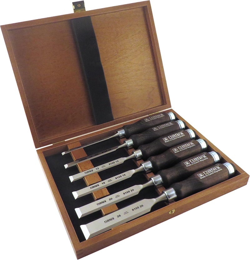 Narex 6 pc Set 6 mm (1/4), 10 (3/8), 12 (1/2), 16 (5/8), 20 (13/16), 26 (1-1/16) Woodworking Chisels in Wooden Presentation Box 853053 - Image 1