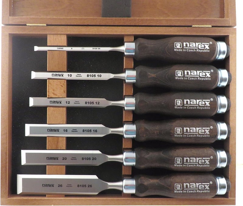Narex 6 pc Set 6 mm (1/4), 10 (3/8), 12 (1/2), 16 (5/8), 20 (13/16), 26 (1-1/16) Woodworking Chisels in Wooden Presentation Box 853053 - Image 2