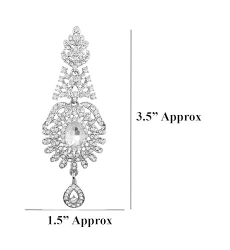 Touchstone Indian Bollywood Studded Style Stunning Tiny Round Big Oval Shape White Rhinestones Designer Jewelry Long Chandelier Earrings In White Tone For Women. - Image 4