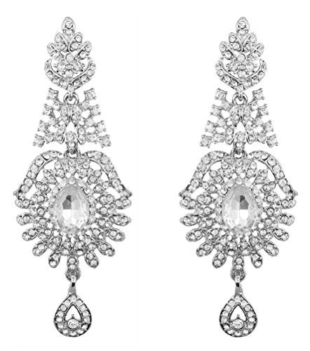 Touchstone Indian Bollywood Studded Style Stunning Tiny Round Big Oval Shape White Rhinestones Designer Jewelry Long Chandelier Earrings In White Tone For Women. - Image 1