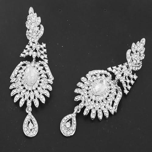 Touchstone Indian Bollywood Studded Style Stunning Tiny Round Big Oval Shape White Rhinestones Designer Jewelry Long Chandelier Earrings In White Tone For Women. - Image 3