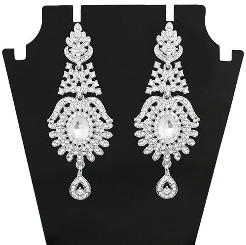 Touchstone Indian Bollywood Studded Style Stunning Tiny Round Big Oval Shape White Rhinestones Designer Jewelry Long Chandelier Earrings In White Tone For Women. - Image 5
