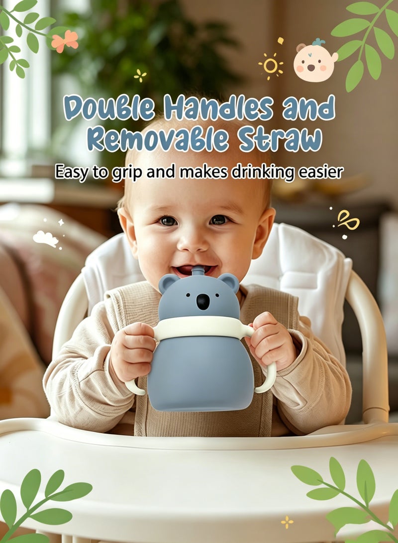 Amanli Silicone Baby Cup from 6 Months, Baby Leak Proof Drinking Cup, Children's Cup with Straw and Lid Baby Drinking Cup with Handle BPA Free, Dishwasher Safe, Silicone Cup (Fern Blue) - Image 3