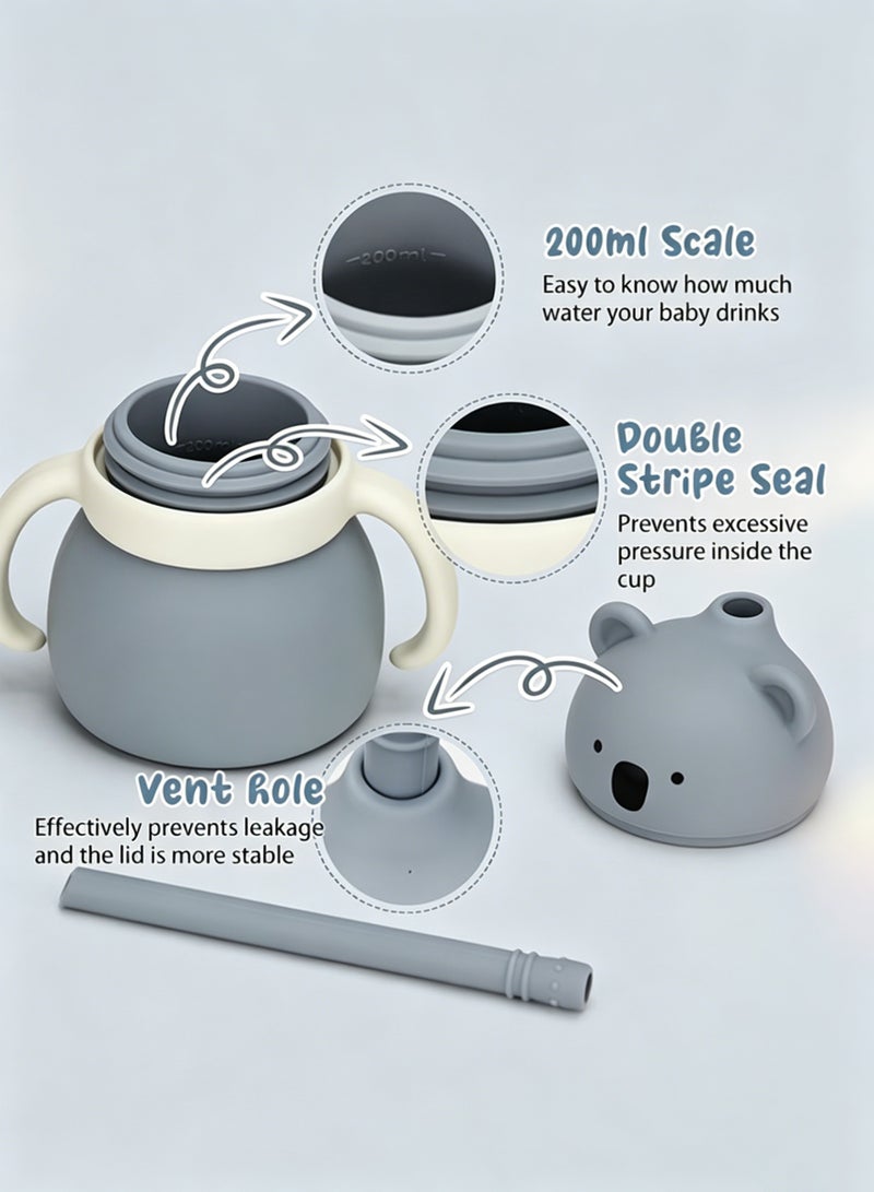 Amanli Silicone Baby Cup from 6 Months, Baby Leak Proof Drinking Cup, Children's Cup with Straw and Lid Baby Drinking Cup with Handle BPA Free, Dishwasher Safe, Silicone Cup (Fern Blue) - Image 4