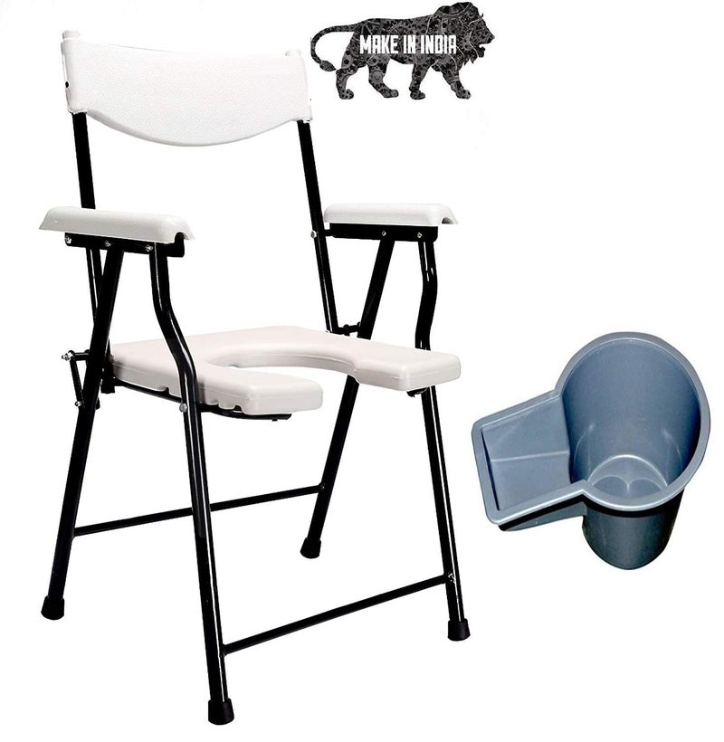 PHYSIQO Folding Elderly Disabled Man And Pregnant Woman Stainless Steel Shower And Bathing Room Mobile Commode Chair With Toilet Seat (Pure White) - Image 1