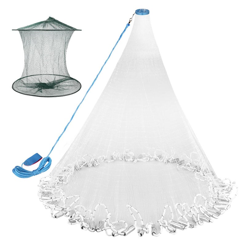 Neween Cast Net for Fishing with Shrimp Cage, American Freshwater Saltwater 4/6/8Ft Radius Casting Net Bait Trap Fish, Heavy Duty Zinc Sinker, 3/8 Inch Mesh Size - Image 1