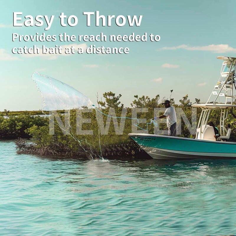 Neween Cast Net for Fishing with Shrimp Cage, American Freshwater Saltwater 4/6/8Ft Radius Casting Net Bait Trap Fish, Heavy Duty Zinc Sinker, 3/8 Inch Mesh Size - Image 2
