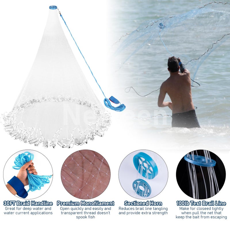 Neween Cast Net for Fishing with Shrimp Cage, American Freshwater Saltwater 4/6/8Ft Radius Casting Net Bait Trap Fish, Heavy Duty Zinc Sinker, 3/8 Inch Mesh Size - Image 5