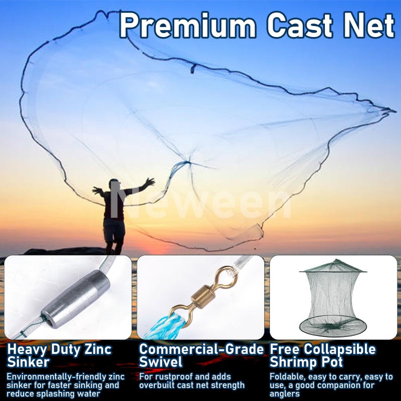 Neween Cast Net for Fishing with Shrimp Cage, American Freshwater Saltwater 4/6/8Ft Radius Casting Net Bait Trap Fish, Heavy Duty Zinc Sinker, 3/8 Inch Mesh Size - Image 4