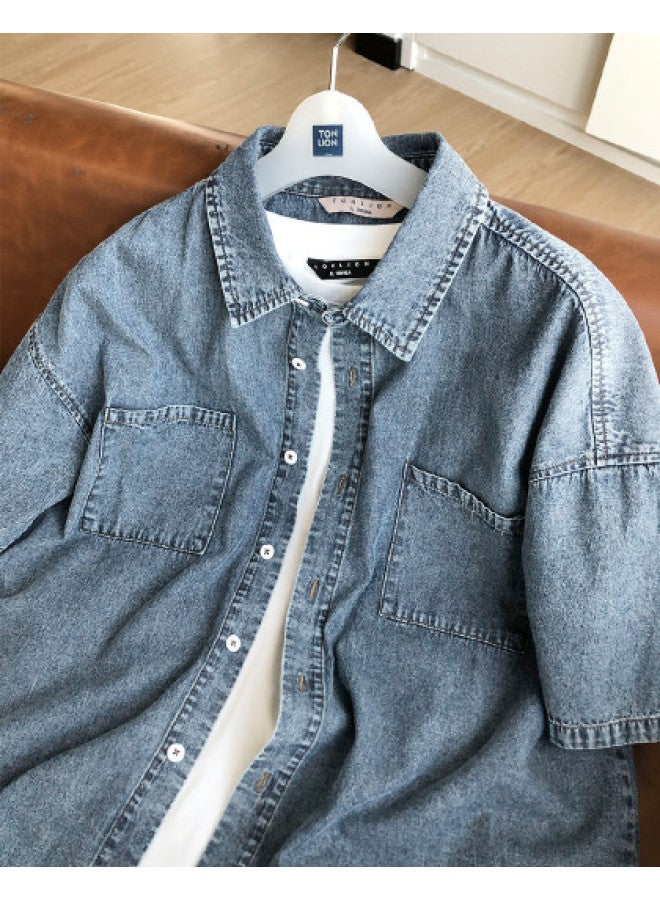 TonLion Men's Denim Short Sleeve Shirt 2025 Spring/summer Casual Fashion Versatile Shirt - Image 1