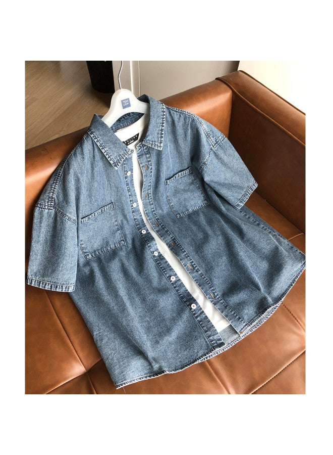 TonLion Men's Denim Short Sleeve Shirt 2025 Spring/summer Casual Fashion Versatile Shirt - Image 3